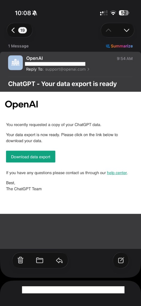 Email from OpenAI with download link